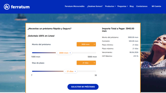 Loan calculator interface with input fields for amount and duration, total payment displayed.