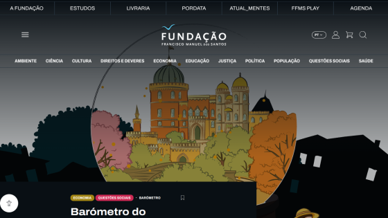 Website header and navigation of Fundação Francisco Manuel dos Santos with a colorful castle illustration and article titled Barómetro do