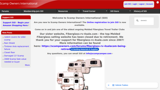 Homepage of Scamp Owners International with welcome message and links to forums.