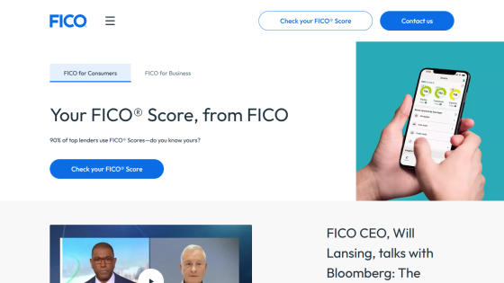FICO homepage displaying FICO Score information and a mobile app screenshot.