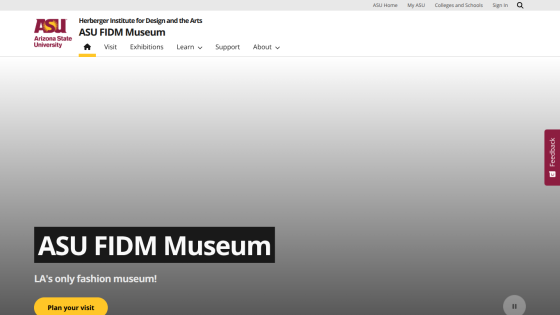 ASU FIDM Museum homepage with navigation menu and call to action to plan your visit.