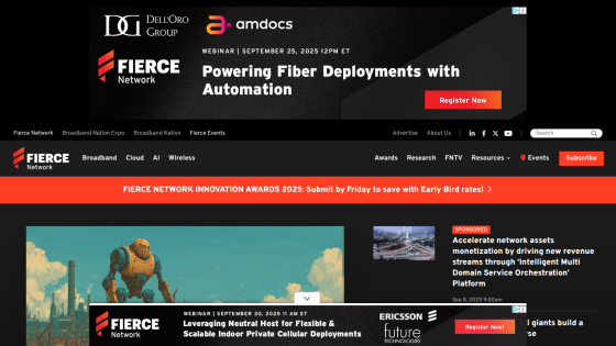Fierce Network homepage featuring news and event highlights on fiber deployments.
