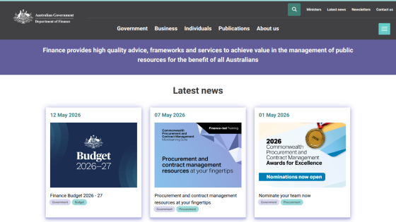 Australian Government Finance website displaying latest news and budget information.