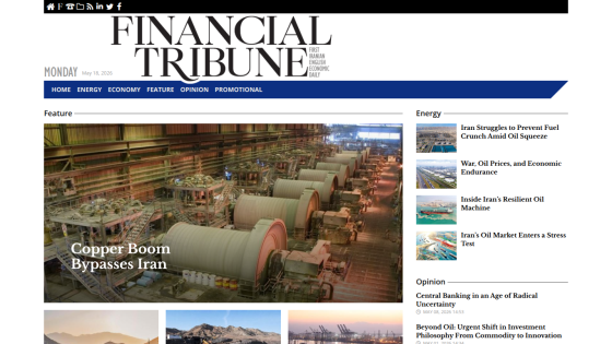 Homepage of Financial Tribune featuring a headline about Copper Boom and images related to energy.