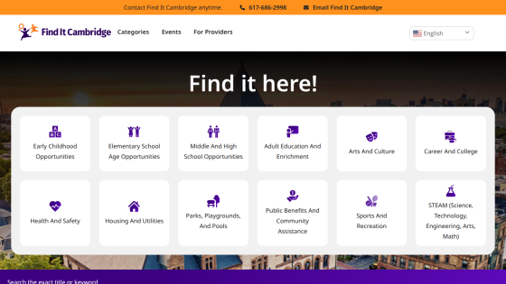 Find It Cambridge homepage with categories for education, culture, safety, housing, and community services