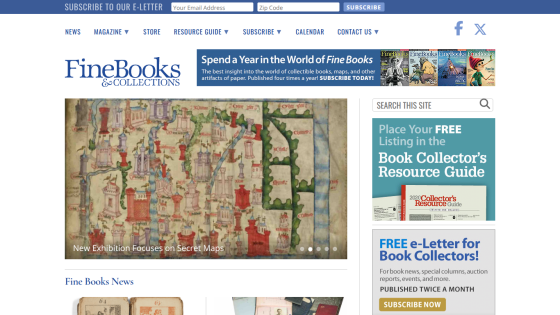 Fine Books & Collections homepage with navigation, subscription bar, and featured exhibition on secret maps