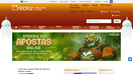Homepage featuring online betting epidemic with a tiger graphic and search bar.