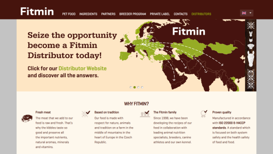 Fitmin distributor opportunity with map, navigation menu, and reasons to choose Fitmin pet food