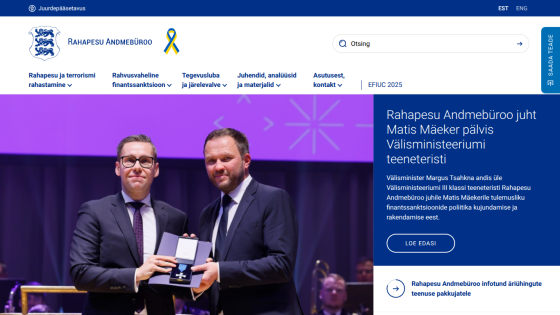 Rahapesu Andmebüroo website showing news about Matis Mäeker receiving a Foreign Ministry service medal.