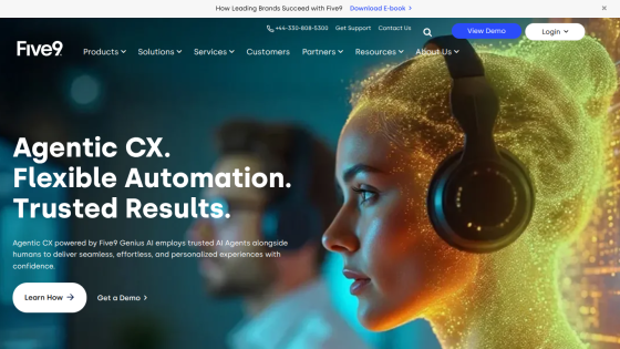 Five9 homepage featuring a woman with headphones and text about agentic CX and automation.