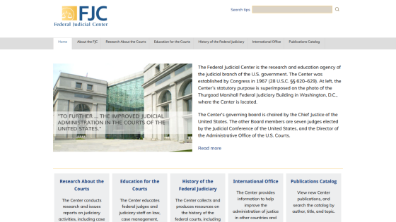 Federal Judicial Center homepage featuring a building image and navigation links.