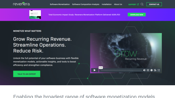 Homepage of Revenera showcasing software monetization solutions with a prominent 'Grow Recurring Revenue' message.