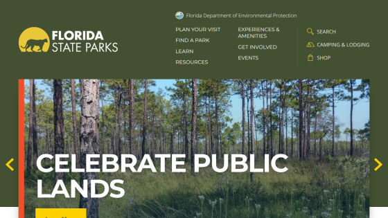 Homepage of Florida State Parks promoting public lands with navigation options.