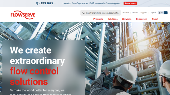 Flowserve's homepage featuring a tagline about flow control solutions and an industrial background.