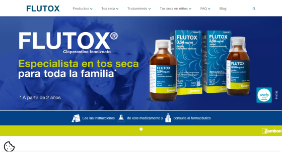 FLUTOX cough medicine for dry coughs for the whole family, with product images and navigation menu