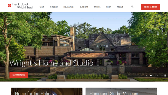 Frank Lloyd Wright Trust homepage featuring Wright's Home and Studio with navigation and book a tour button