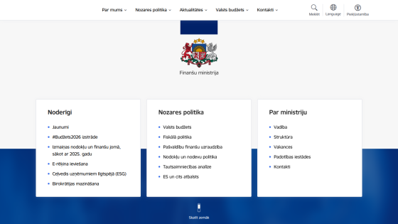 Latvian Ministry of Finance website with navigation menu, ministry emblem, and sections on news, sector policy, and ministry information.