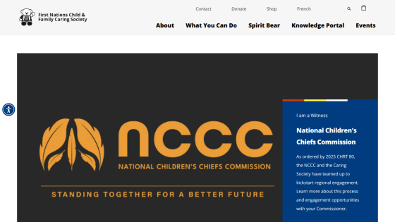 First Nations Child & Family Caring Society homepage with National Children's Chiefs Commission hero and navigation menu