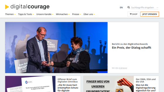 Digitalcourage website with article on BigBrotherAwards and digital rights topics