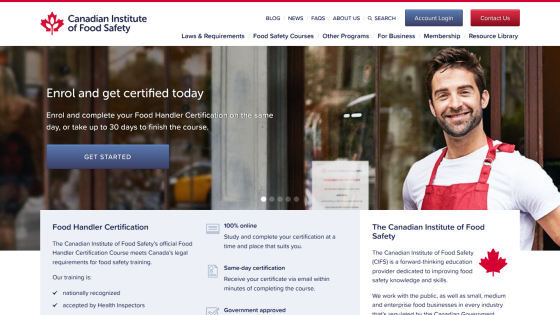 Canadian Institute of Food Safety homepage offering Food Handler Certification with online, same-day, government-approved training
