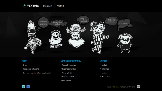Homepage featuring cartoon characters and navigation links for services and contact.