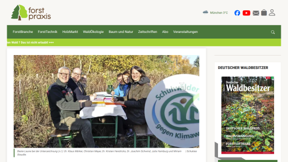 Forst Praxis website with navigation bar, weather info, social icons, and a hero image of people signing documents outdoors