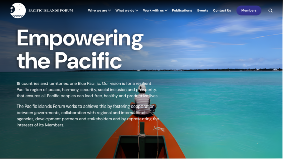 Pacific Islands Forum homepage with navigation and mission statement about empowering the Pacific region