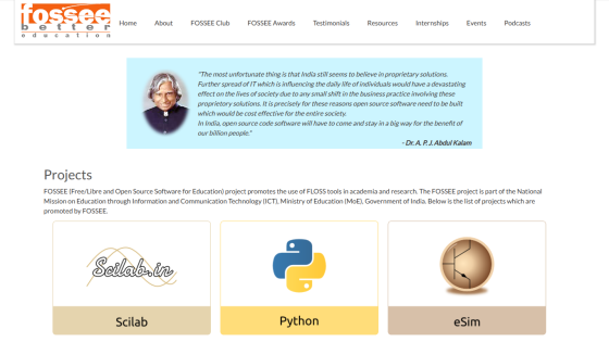 FOSSEE project homepage with navigation menu, a quote by Dr. A. P. J. Abdul Kalam, and featured projects Scilab, Python, and eSim