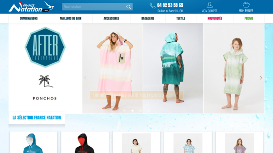 Homepage showcasing swimwear products with promotional text.