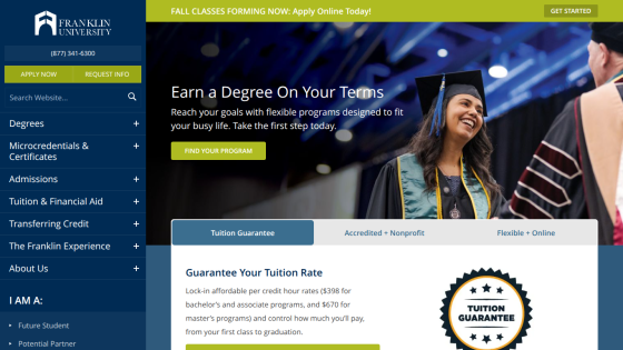 Homepage of Franklin University promoting degree programs and tuition guarantee.
