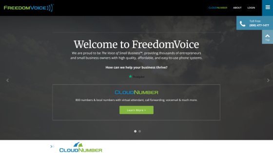 FreedomVoice homepage offering phone systems for small businesses with CloudNumber service details and contact info