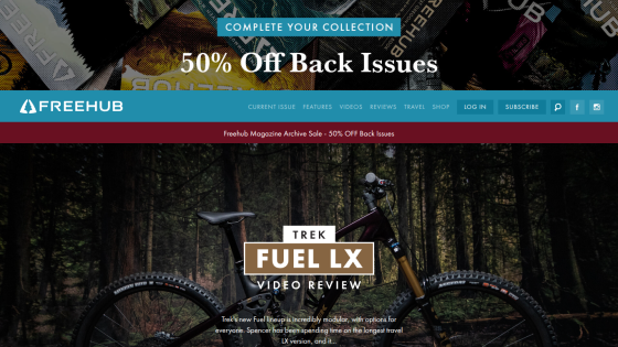Freehub website featuring a mountain bike video review with navigation menu and promotional banner