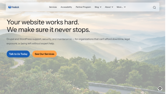 Website promoting support and maintenance services with a scenic background and call-to-action buttons.