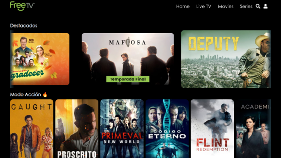 FreeTV streaming site showing featured and action movies with navigation for Home, Live TV, Movies, and Series