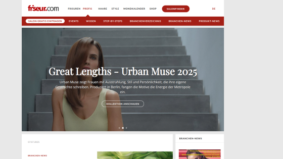 Hair fashion website featuring Great Lengths Urban Muse 2025 collection with a woman on stairs and navigation menu