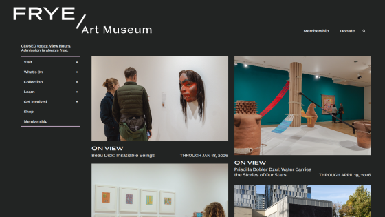 Frye Art Museum homepage showing current exhibitions with images and navigation menu on dark background.