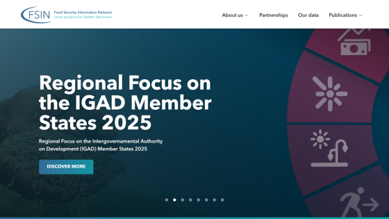Food Security Information Network homepage highlighting regional focus on IGAD Member States 2025 with navigation links and discover more button