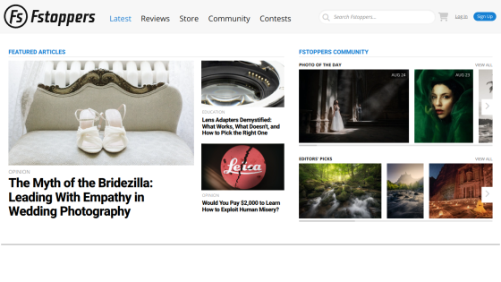 Homepage of Fstoppers featuring articles on photography and community highlights.