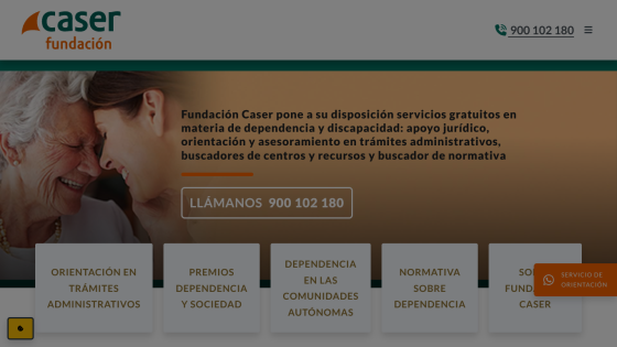 Caser Foundation website offering services for dependency and disability support, with contact number prominently displayed.