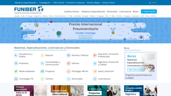 Funiber homepage showing international preuniversity award banner and categories for masters, specializations, and scholarships