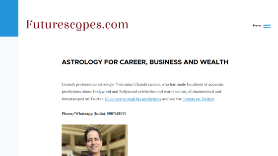 Futurescopes.com homepage offering astrology for career, business, and wealth with contact info and astrologer photo.