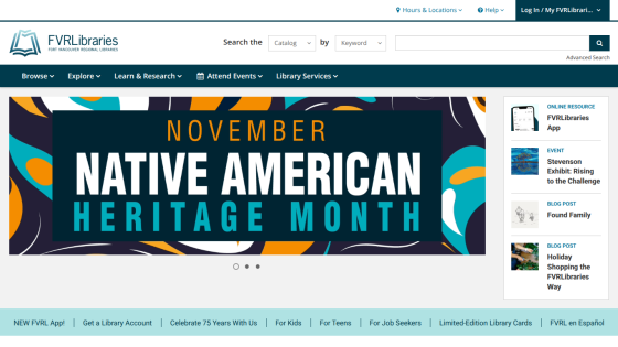 Fort Vancouver Regional Libraries homepage featuring November Native American Heritage Month banner and navigation menu