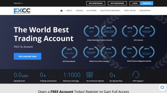 FXCC trading platform homepage featuring XL Account with awards, zero spreads, no commission, high leverage, and 24/5 support