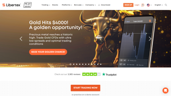Trading platform homepage highlighting gold price milestone and trading opportunity with call to action