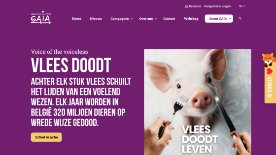 Animal rights campaign homepage with message about meat causing suffering and death of 320 million animals in Belgium annually, featuring a pig and call to action button