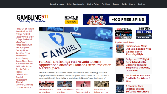 Gambling news website homepage featuring headlines, navigation menu, and promotional banner