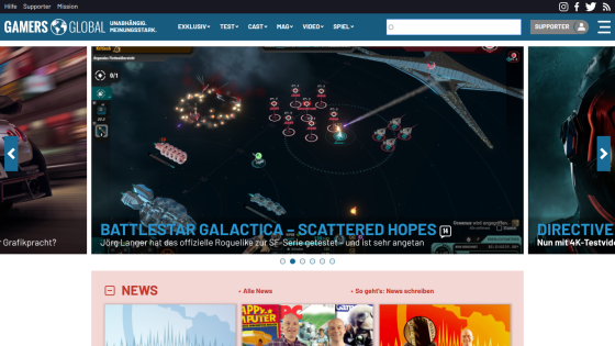 Homepage of Gamers Global featuring game news and a highlighted article on Battlestar Galactica.