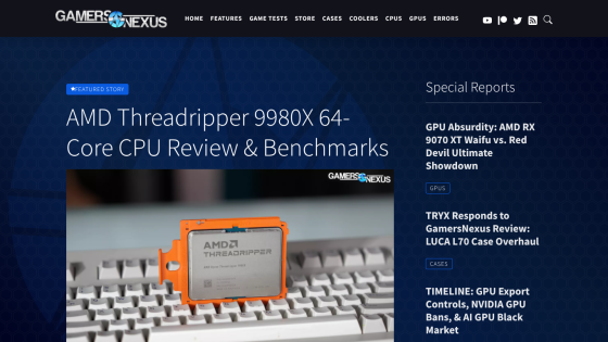 AMD Threadripper 9980X CPU review headline with an image of the CPU on a keyboard.