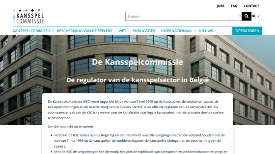 Homepage of Kansspelcommissie, regulator of Belgium's gambling sector, with navigation and introductory text