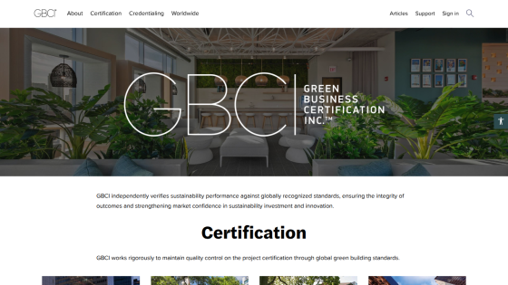 GBCI website homepage with navigation and certification information on sustainability performance and green building standards